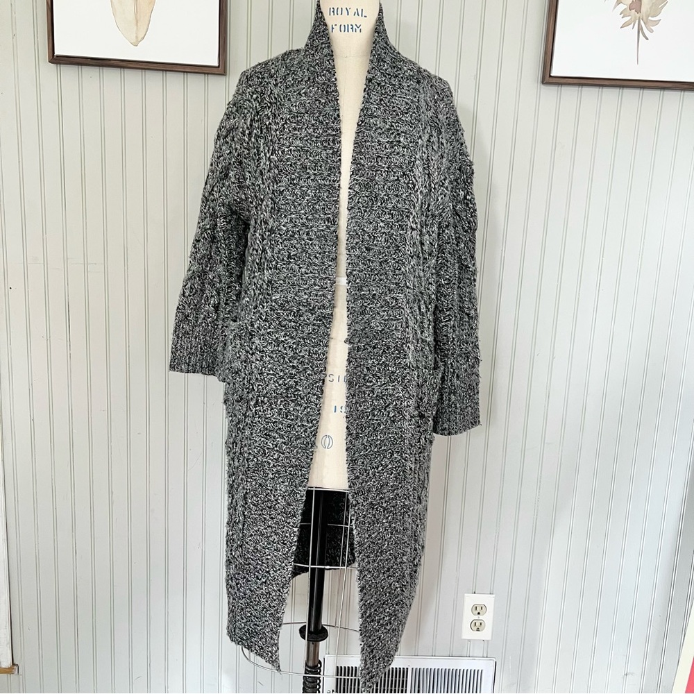 Zara Cable Knit Long Lined Marled Open Front Cardigan Sweater Crop Sleeves